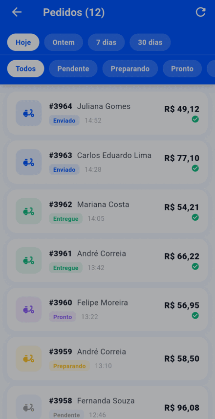 Tela de pedidos do app Rapidfood